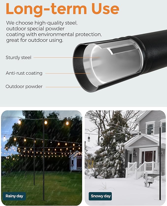 LAND·VOI Metal String Light Poles for Outside Hanging - Backyard, Garden, Patio, 4 Pack Lighting Stand with | Lumora