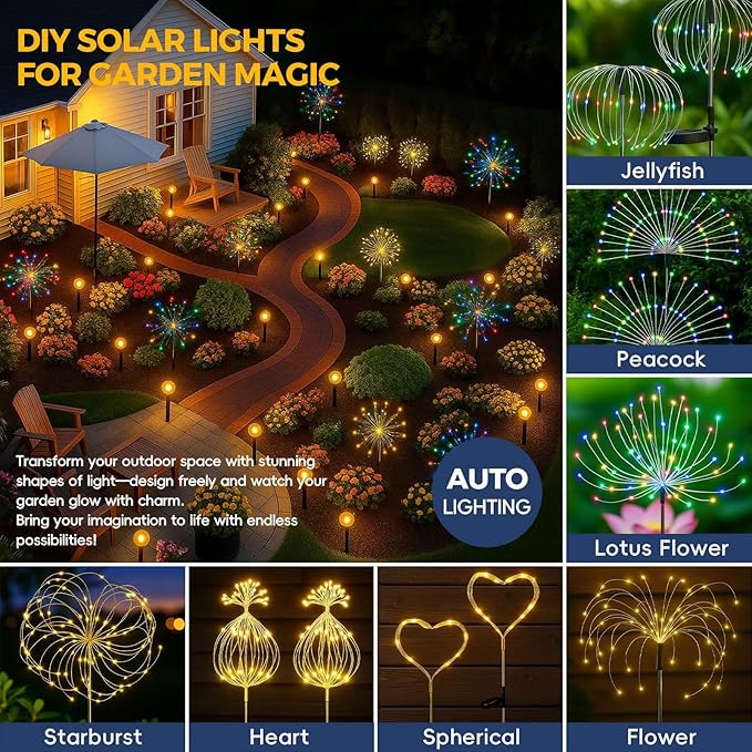 4 Pack 200LED Garden Lights Solar Powered Waterproof, Fireworks Solar Lights Outdoor for Yard Pathway, Solar Fairy Lights Christmas Decorations (2 Warm & 2 Colored)