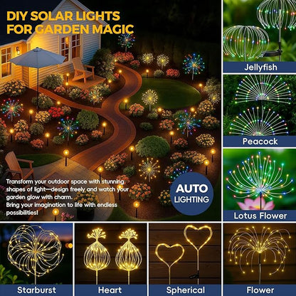 4 Pack 200LED Garden Lights Solar Powered Waterproof, Fireworks Solar Lights Outdoor for Yard Pathway, Solar Fairy Lights Christmas Decorations (2 Warm & 2 Colored)