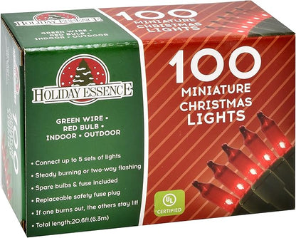 Holiday Essence Red Christmas Lights Green Wire 20.6 Feet Long String Lights Set for Outdoor & Indoor Décor Valentines Day, Wedding, Christmas Trees Lighting Decorations, UL Certified