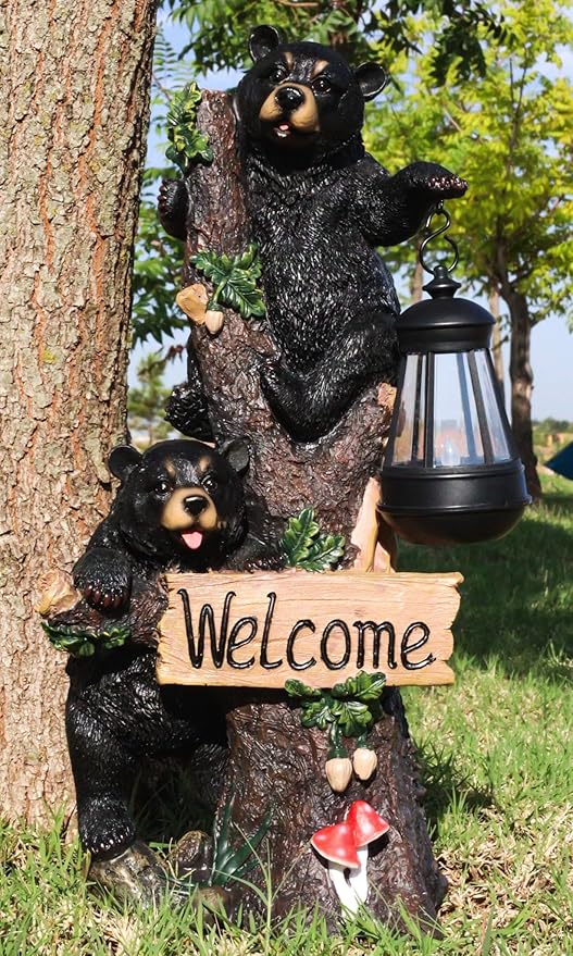 Ebros Climbing Black Bear Cubs Garden Light Statue Figurine Solar LED Lantern Light Welcome Sign Guest Greeter Decor for Patio Poolside Garden Home