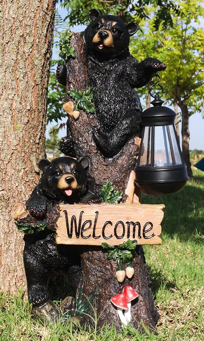 Ebros Climbing Black Bear Cubs Garden Light Statue Figurine Solar LED Lantern Light Welcome Sign Guest Greeter Decor for Patio Poolside Garden Home