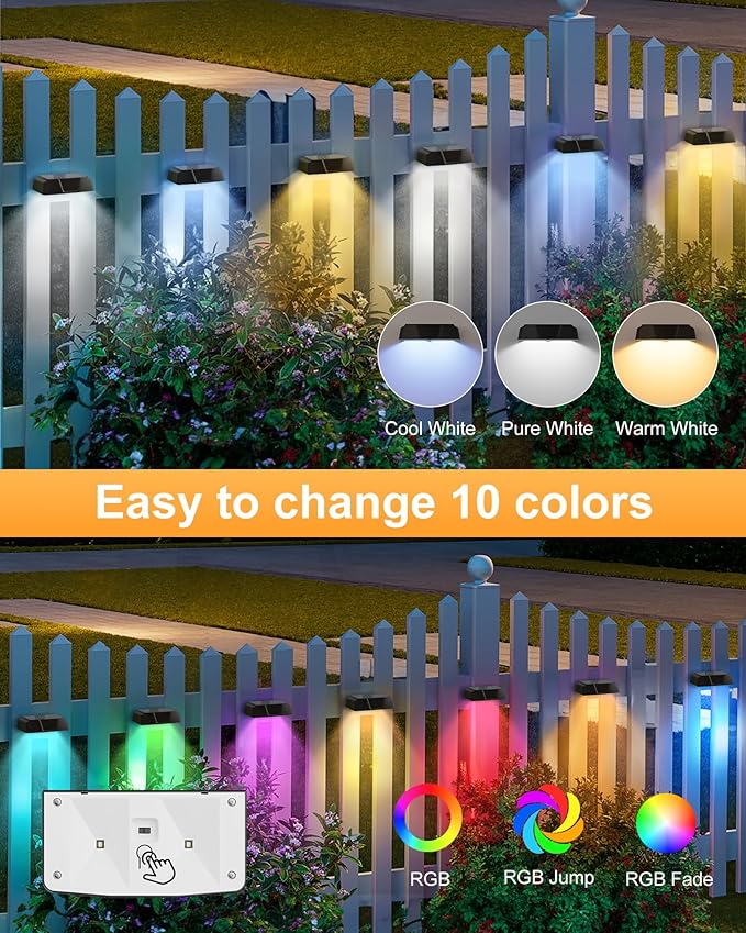 Brightown Solar Fence Lights Outdoor - 6 Pack Solar Deck Light with Warm White, Cool White, 7 RGB Color, Fade/Jump | Lumora