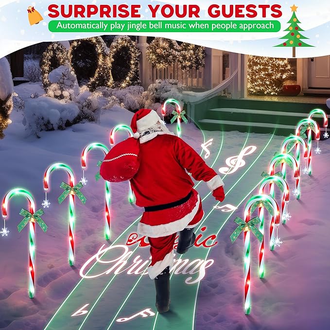 Hiboom 12 Pcs Christmas Candy Cane Light with 4 Christmas Theme Music, 20'' Pathway Markers Lights with Stakes Holiday Driveway Light for Xmas Holiday Party Walkway Garden Decor(Red, Green, White)