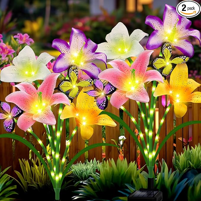 Solar Garden Lights 2 Pack 8 Lily Flowers with Butterfly Decor,Gifts for Mom Woman Birthday Solar Flower Lights for | Lumora