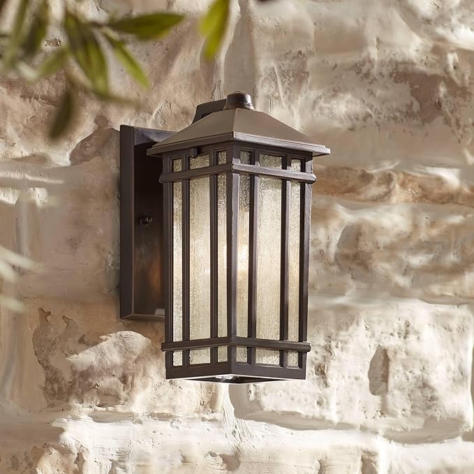Kathy Ireland Sierra Craftsman Art Deco Outdoor Wall Light Fixture Rubbed Bronze Metal 10 1/2" Frosted Seeded Glass | Lumora