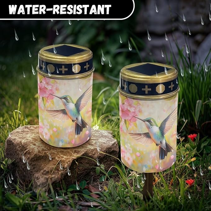 Hummingbird Cemetery Candles for Grave Solar Patio Lights Outdoor Waterproof Grave Solar Lights Solar Cross Garden Lights Outdoor Decorative Flameless Solar Powered Light for Prayer