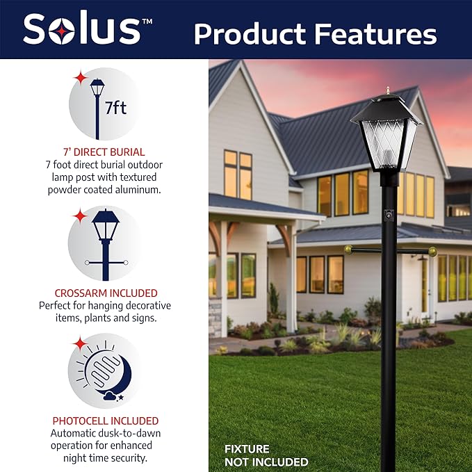 Solus 7-Foot Direct Burial Lamp Post – Aluminum Outdoor Light Pole with Decorative Cross Arm & Dusk-to-Dawn Sensor | Lumora