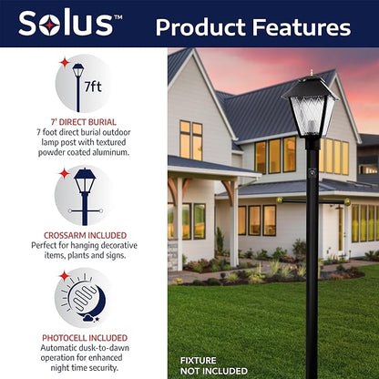 Solus 7-Foot Direct Burial Lamp Post – Aluminum Outdoor Light Pole with Decorative Cross Arm & Dusk-to-Dawn Sensor – Fits 3" Fixtures – Black, Bronze, or White – Made in USA (Black, Set of 2)