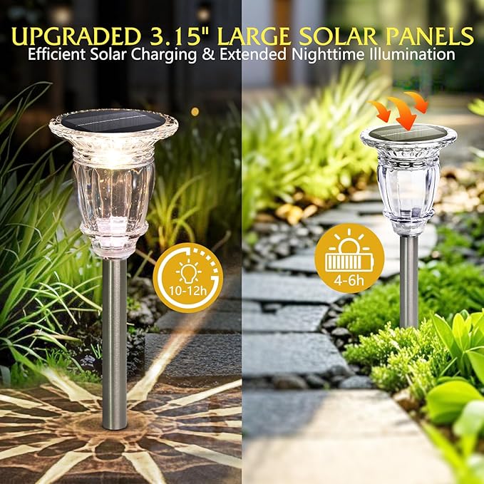 Solar Pathway Lights Outdoor 2 Pack, 3 Lighting Modes Glass and Stainless Steel White Solar Garden lights, 17.3" | Lumora