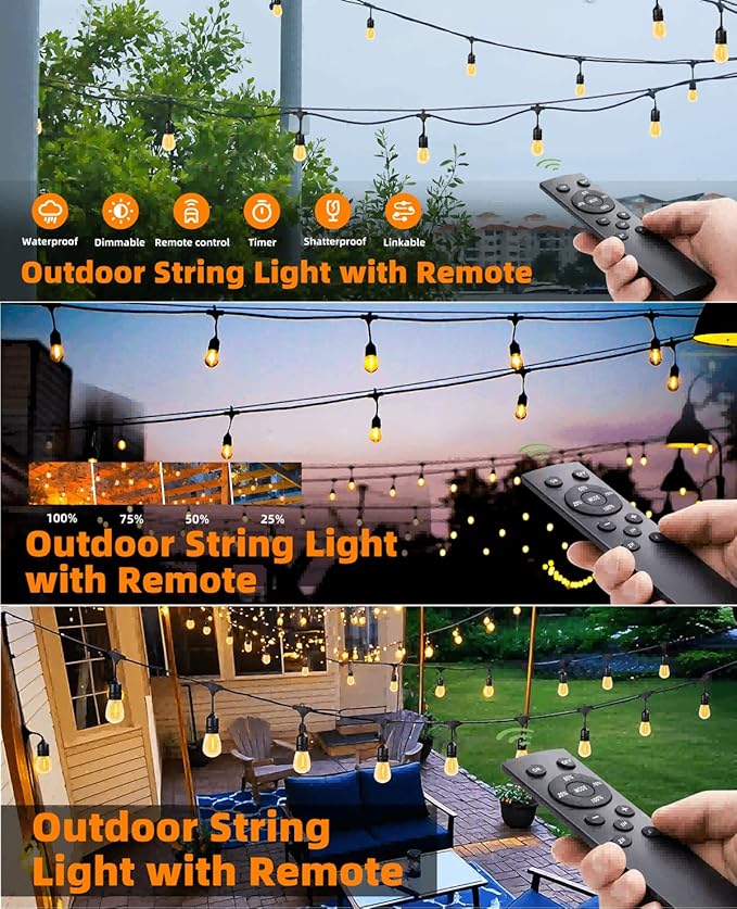100FT Outdoor String Lights with Remote Control Patio Lights Waterproof Commercial Grade, 30+2 Replaceable Dimmable | Lumora
