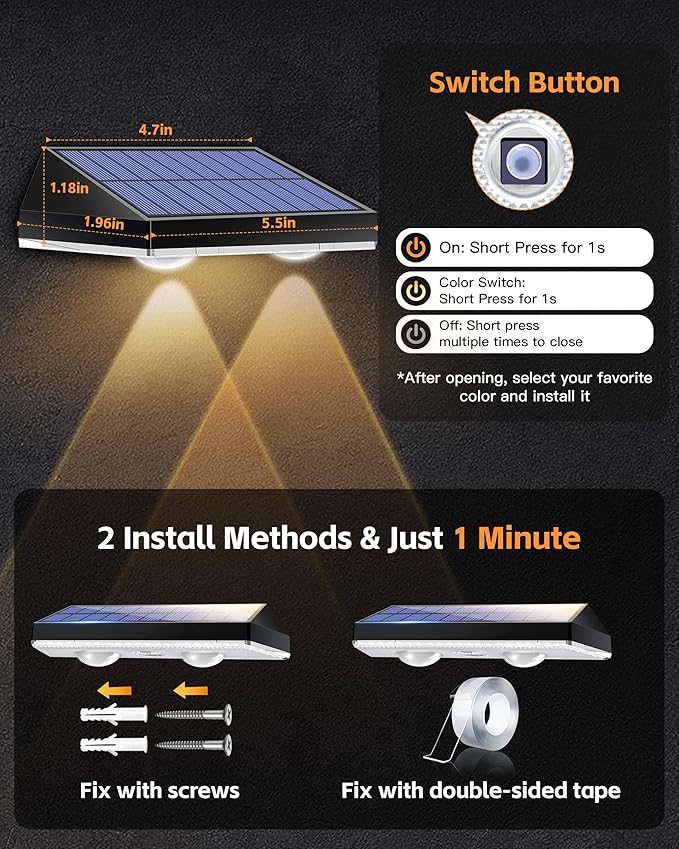 Solar Fence Lights Outdoor, Waterproof LED, 3Lighting Modes (Warm/Neutral/White), SolarPowered Wall Lights with 500mAhBattery,Solar Fence Lights lP65 Weatherprooffor Garden, Yard, Balcony(4-Pack)
