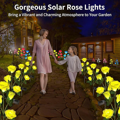 Solar Garden Flowers Lights, Solar Outdoor Lights with More Realistic 10 Rose Waterproof for Outside Patio Yard Pathway Decorations, 2 Pack Yellow