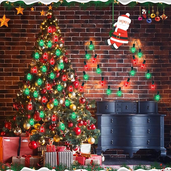C7 Red Green Christmas Lights Outdoor, 25Ft Vintage Christmas String Lights with 27 Clear Red Green Ceramic Bulbs, Waterproof Connectable Christmas Decorations for House, Xmas Tree, Garden, Yard