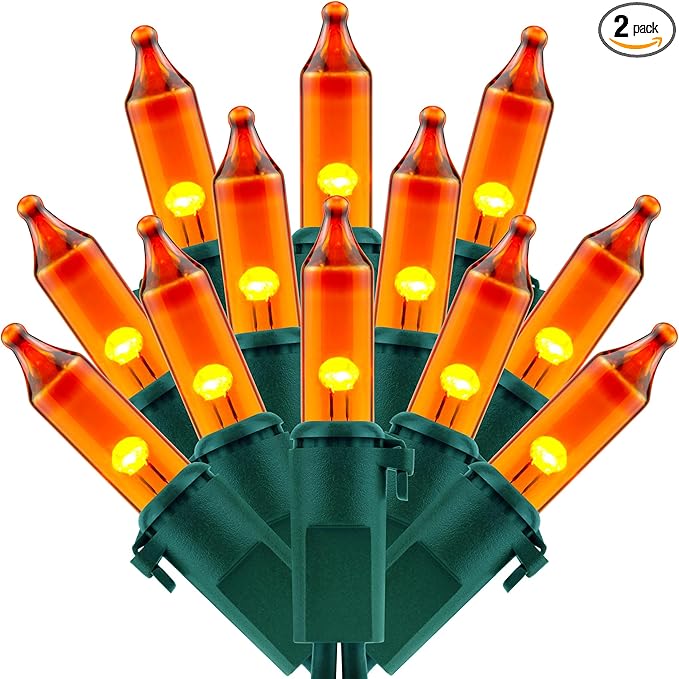 200 Orange Christmas Lights, Pack of 2 Strands 100 Count 33 ft Green Wire Incandescent-Style LED String Light (Orange)