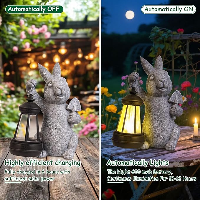 Rabbit Statue Garden Ornaments Art Outdoor Decoration with Solar Powered LED Lights Decor for Patio,Balcony,Yard, Mum Birthday Gifts, Garden Gifts for Women, Chrismtas Gifts for Mom Grandma