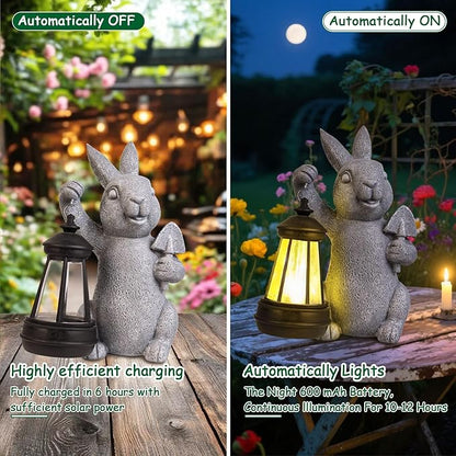 Rabbit Statue Garden Ornaments Art Outdoor Decoration with Solar Powered LED Lights Decor for Patio,Balcony,Yard, Mum Birthday Gifts, Garden Gifts for Women, Chrismtas Gifts for Mom Grandma