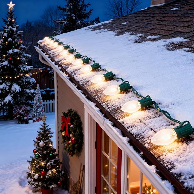 25FT C9 Warm White Christmas Lights, Vintage Outdoor String Lights for Tree, Patio, Garden, and Holiday Decorations, Clear Incandescent Bulbs, Connectable, Indoor & Outdoor Use