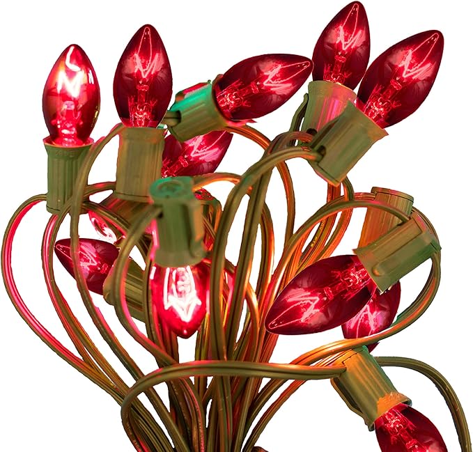 EST. LEE DISPLAY L D 1902 Outdoor Patio String Lights Bulbs & Green Hanging Cord Set Christmas Holiday Seasonal Light Bulbs & Cord Included 25FT C-9 E17 (Green Wire, Red)