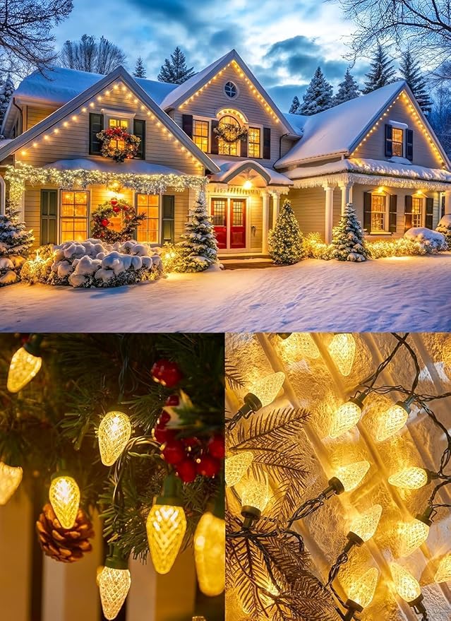 Minetom C9 LED Christmas Lights Outdoor, 33FT 50 LED C9 String Lights Waterproof Connectable for Roofline Patio House Yard Windows Xmas Tree Indoor Outdoor Christmas Decorations, White