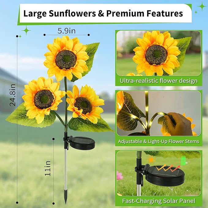 ILLUMINEW 6-Pack Solar Sunflower Garden Lights Outdoor 18 LED Flowers - Waterproof Long-Lasting Solar Patio Lights | Lumora