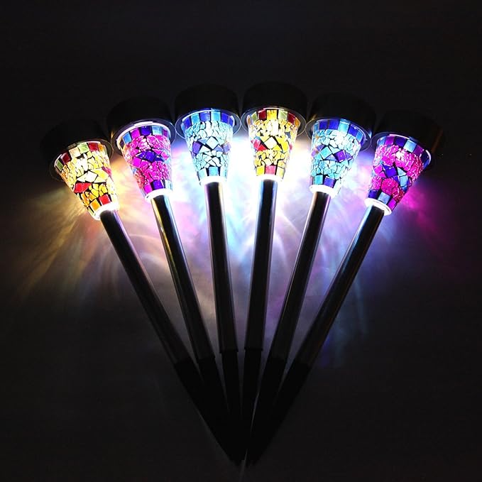 6-Pack Solar Mosaic Border Lawn Garden Lights, LED Mosaic Stake Lights Pathway Landscape Lighting for Patio Walkway | Lumora