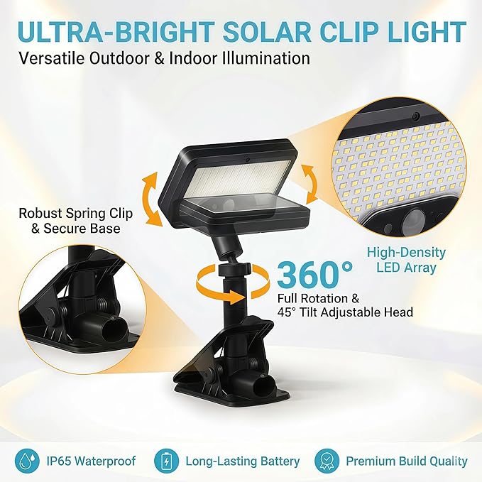 Solar Lights Outdoor, Motion Sensor Clip On Lights for Fence Gutter, 92 LED 600LM IP65 Waterproof Security Lights, Solar Powered Motion Activated Light for Deck Patio Yard (1)