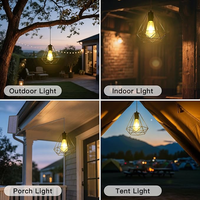 Solar Pendant Lights, Solar Powered Shed Light with Pull Cord and Remote for Outdoor Indoor, Solar Chandelier, Gazebo Lights with Adjustable Panel for Yard Patio Balcony Barn Garage