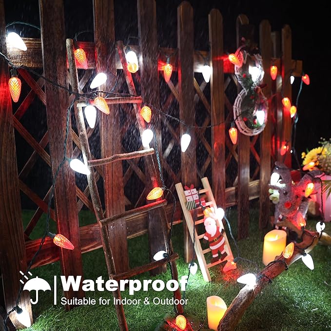 Brizled Red & White Christmas Lights, 33ft 50 LED Faceted C9 String Lights Outdoor, Linkable Christmas Tree Light, UL Certified Indoor Xmas Light Waterproof for House Roof Xmas Valentine's Day Party