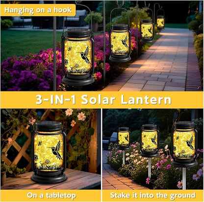 Hummingbird Solar Lanterns 3-in-1 Outdoor Waterproof - Birthday Gifts for Women Mom Christmas, Mason Jar Hanging Lanterns with Stake, Garden Decor Lights for Patio Yard Porch Lawn Balcony Decorations