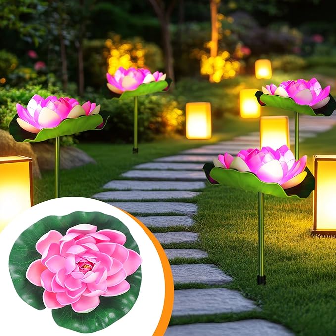 4 Pcs Solar Diwali Decoration Outdoor Diwali Lotus Lamp Decorations Solar Pathway Lights LED Waterproof Lotus Lights with Water Lily Outdoor Decor Garden Indian Temples Pooja Gifts