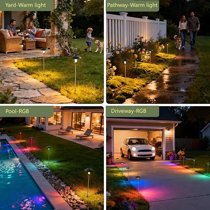 LOHAS Dusk to Dawn Low Voltage Landscape Lighting Warm White + RGB Modes, 6 Pack IP65 Low Voltage Pathway Lights with Remote, Timer Color Changing Plug in Outdoor Pathway Lights for Yard Lawn Walkway