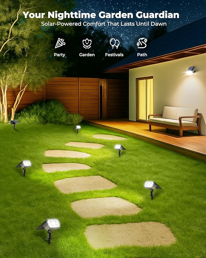 6 Packs Solar Spot Lights Outdoor, 64 LED 6500K Solar Lights Outdoor, IP67 Waterproof, Adjustable Brightness Dusk | Lumora