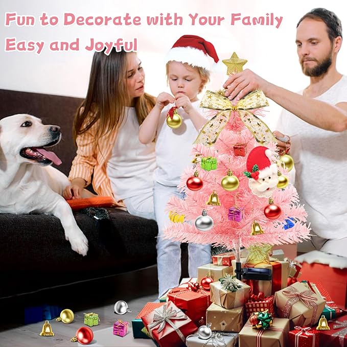 4 Pcs Solar Christmas Tree Pink, Outdoor Christmas Decorations, 80 LED Waterproof Solar Christmas Lights, Multicolor Xmas Tree Lights for Outside Holiday Pathway Yard Garden Patio Cemetery Decor