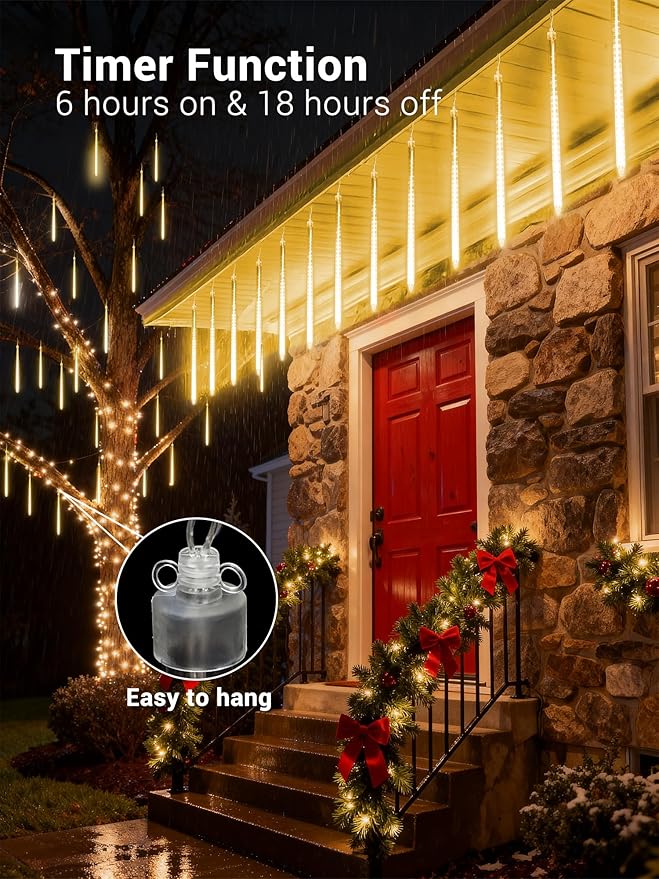 Flacchi Meteor Shower Icicle Lights - 5 Tubes 20" Each 270 LED Cascading Raindrop Lights, Timer Outdoor Waterproof | Lumora