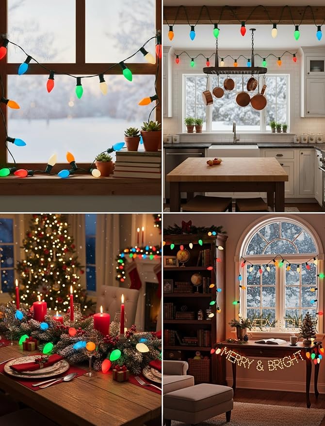 C7 LED Christmas Lights 25Ft Multicolor Christmas String Lights Outdoor with 27 Ceramic LED Light Bulbs, String Lights for Tree Decor Patio Carnival, E12 Candelabra Base Base