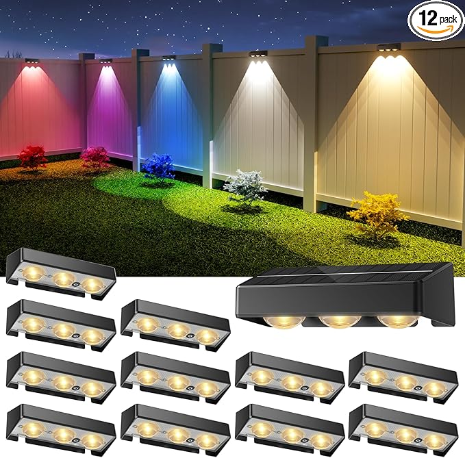 NIORSUN Solar Fence Lights,12 Pack Solars Deck Light,RGB Color,Outdoor Bulb Waterproof Led IP65,Power Patio Lamp with Lenses for Outside/Backyard/Railing/Yard(Black)