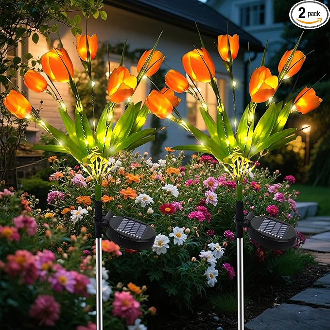 Solar Flower Lights Outdoor, 2 Pack Solar Tulip Lights with 14 Tulip Flowers, Waterproof LED Garden Stake Light for Patio Yard Landscape Decor (Orange)