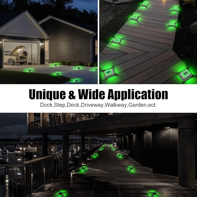 Solar Green Deck Lights Driveway Dock Lights St. Patrick's Day Decor Light- 8 Packs Waterproof 1200mAh Outdoor LED Aluminum Dock Lighting Road Markers for Driveway Sidewalk Garden Pathway Yard