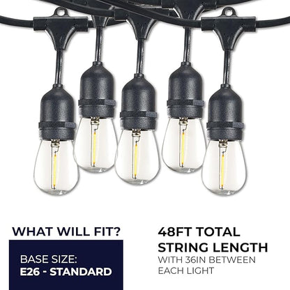 Bulbrite 48-Foot String Light Kit with Clear Shatter Resistant Vintage Style S14 LED Light Bulbs