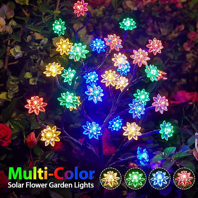 Solar Flower Stake Lamps, 66cm/26inch Solar LED Cherry Blossom Garden Lights, Waterproof Colorful Landscape Lights, Garden Decorative Lamp for Yard Patio Pathway (4pcs)