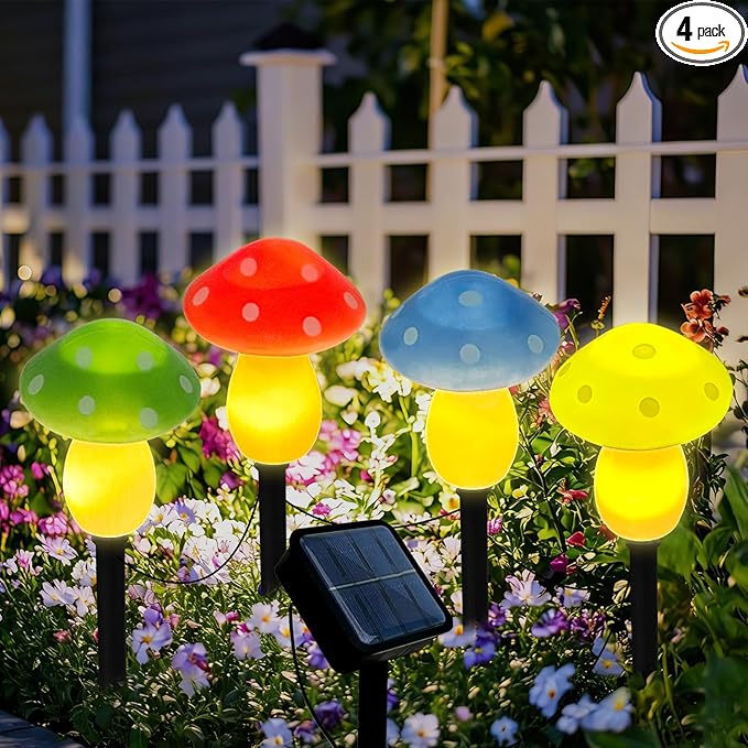 4Pcs Mushroom Solar Lights Outdoor, Waterproof Fairy Houses Light Mushroom Garden Decor Decorative Solar Powered Garden Stake Lights for Outside Lawn Walkway Patio Yard (Red/Yellow/Green/Blue)