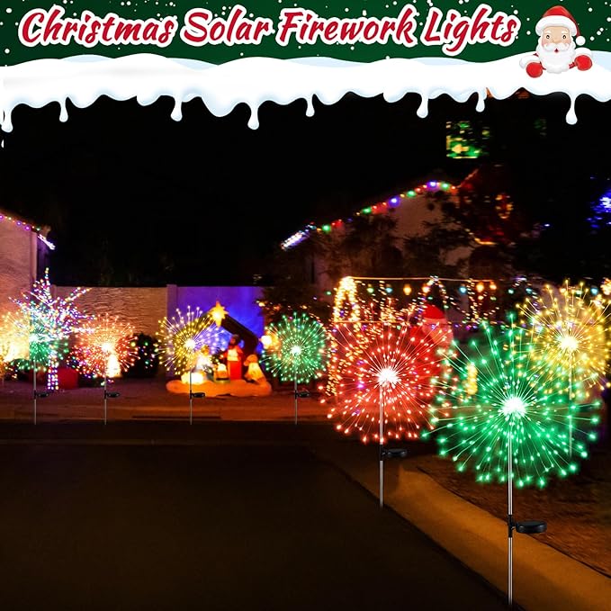 3 Pcs Mardi Gras Solar Firework Lights Solar Lights Outdoor Garden 120 LED 8 Modes Waterproof LED Sparkler Outdoor for Carnival Patio Yard Pathway Walkway (Red,Yellow,Green)