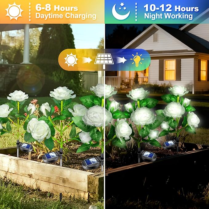 Anordsem Solar Garden Lights Outdoor: 10 Artificial Fabric White Roses Flowers 2 Pack- LED Flower Decorations for Cemetery Grave Pathway Yard- Birthday Gifts for Women, Wife and Mother