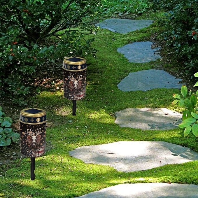 American Flag Deer Skull Solar Lights Outdoor Decor,Solar Powered Stakes Decorative Memorial Lights Garden Yard Lawn Pathway Grave Cemetery Decoration