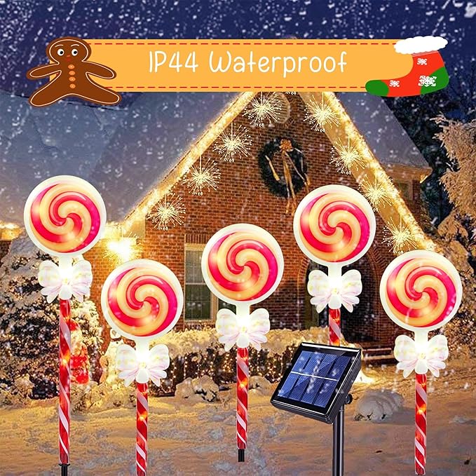Solar Christmas Candy Cane Path Lollipop Lights-Outdoor Solar Powered 1 Panel with 5 LED Lights Pathway Landscape | Lumora