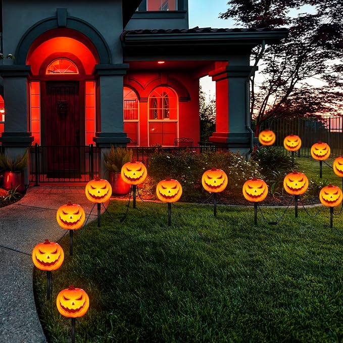 SUNSGNE Halloween Pathway Lights, Set of 4 Halloween Pumpkin Stake Lights with 5 C7 LED Light Bulbs(1 Spare), Connectable Pumpkin Light for Path Walkway Driveway Garden Decorations