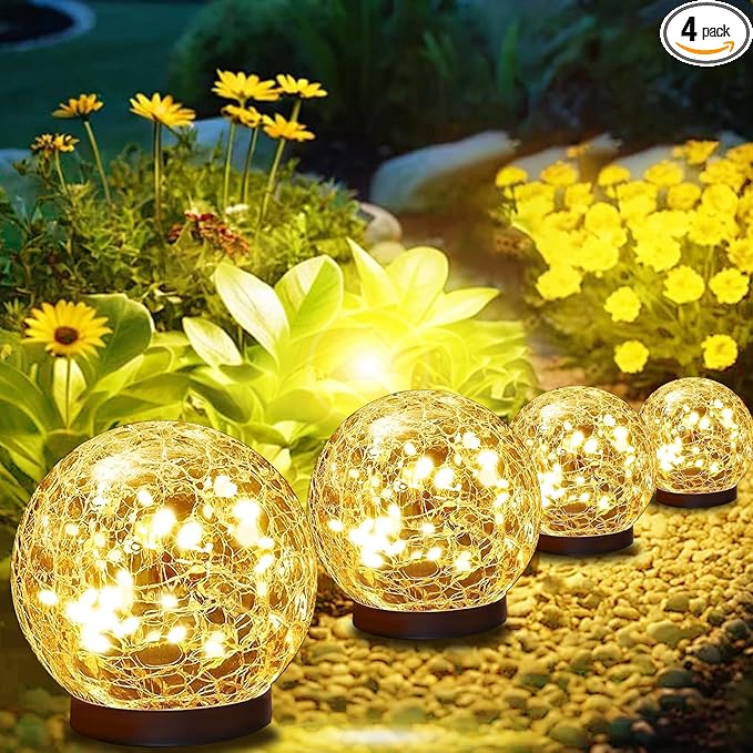 Solar Globes Outdoor Waterproof, 4.88''Cracked Glass Solar Lights Outdoor Bright Up to 14H,IP65 Waterproof Globe Light for Walkway,Patio,Landscape,Path,Garden Warm White (4)