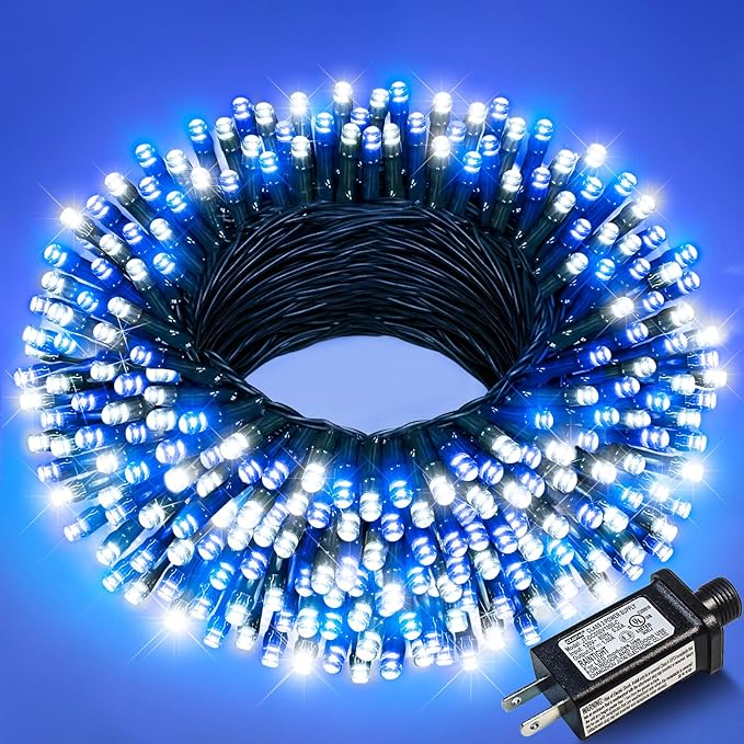 Christmas Lights Outdoor, 66FT 200 LED Christmas Tree Lights with 8 Modes Waterproof, Green Wire Plug in String Light for Indoor Patio Garden Xmas Party Wedding Holiday Decor, Blue and White