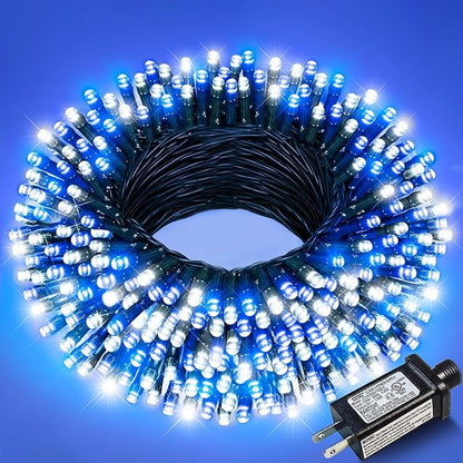 Christmas Lights Outdoor, 66FT 200 LED Christmas Tree Lights with 8 Modes Waterproof, Green Wire Plug in String Light for Indoor Patio Garden Xmas Party Wedding Holiday Decor, Blue and White